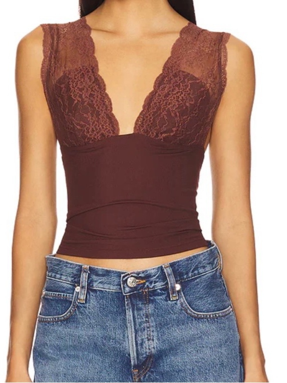 NWT Free People Intimately Free Power Play Cami Sz L Bittersweet Cocoa Lace